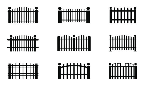 Black fence icon vector set metal picket gate railing design