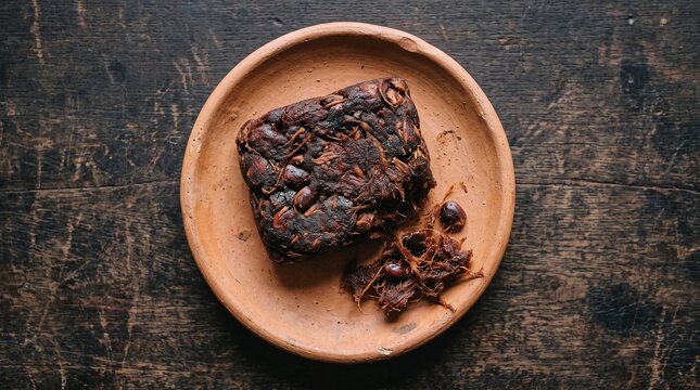 Raw Asam Jawa Tamarind Block on Rustic Terracotta Plate with Loose Pulp, Top View