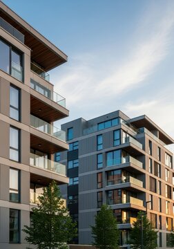 Modern Residential Apartment Buildings with Glass Balconies and Contemporary Architectural Design under Blue Sky