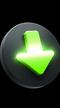 3D green download arrow on dark button.