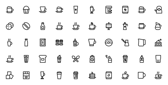 Coffee shop icon set. Minimal vector icons pack. Includes symbols for mocha, muffin, espresso, coffee cup, iced coffee, frappe, cappuccino, cookies, and more.