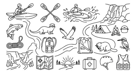 Outdoor adventure and nature exploration vector icon set, black and white line art illustrations for camping, kayaking, and wildlife. A collection of nature-themed graphic resources for travel © Asma