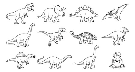 Dinosaur vector collection, prehistoric animal line art set. Iconic T-Rex, Triceratops, Stegosaurus, Pterodactyl, Brachiosaurus, Velociraptor, Ankylosaurus, Parasaurolophus, Spinosaurus © Asma