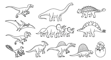 Dinosaur vector collection, prehistoric animal illustrations, black and white line art dinosaurs, ancient reptile set for educational content, children's books, and paleontology designs © Asma