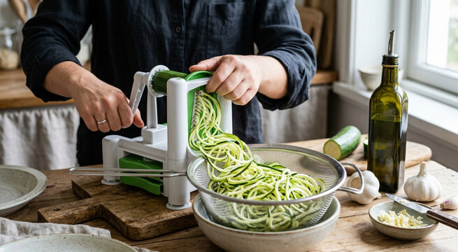 Hands spiralizing fresh zucchini into healthy vegetable noodles in a rustic kitchen setting, preparing a plant-based meal.
