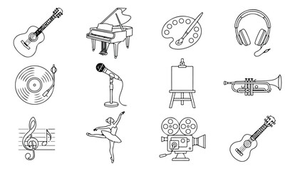 Creative arts and entertainment vector icon set, music instruments, art supplies, and performance symbols, black and white line art collection for design projects © Asma