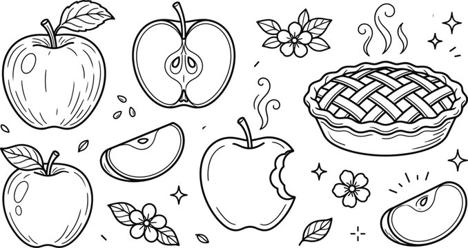 Apple pie and fresh fruit icon set with whole apples half slices blossoms leaves and sweet baking elements