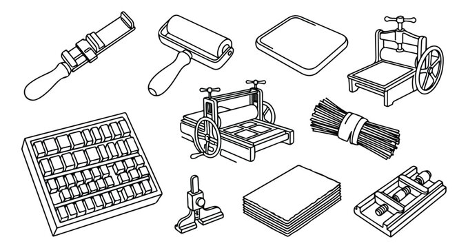 Letterpress printing tools and equipment, vintage graphic design elements, traditional printmaking supplies, black and white vector illustration set