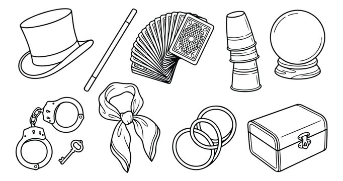 Magic show props vector set, illusionist performance accessories, magician tools collection, entertainment and trickery design elements