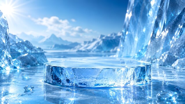 Crystal Ice Podium in Frozen Arctic Landscape for Product Display
