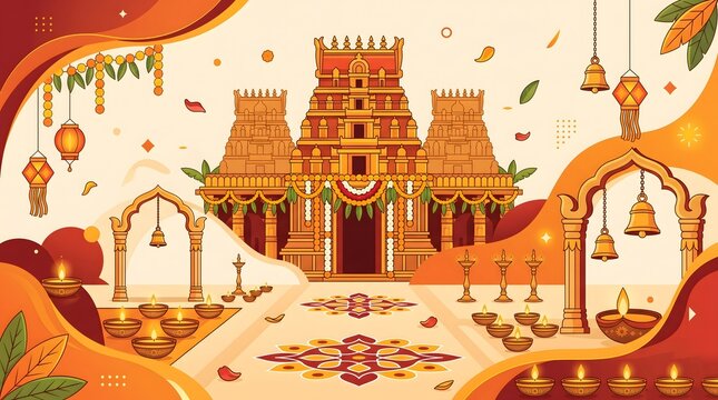 Hindu temple architecture illustration for traditional indian festival celebration background