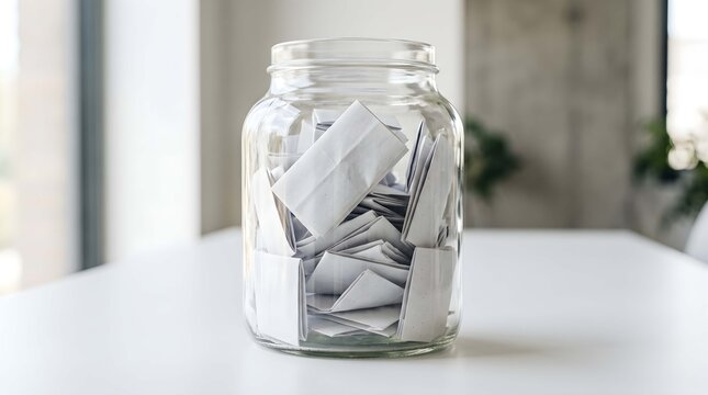 Glass jar filled with folded white paper slips for raffle or contest