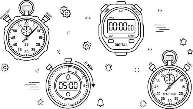 Stopwatch and digital timer icon set with analog chronographs split time countdown clocks alarms and linear measurement elements