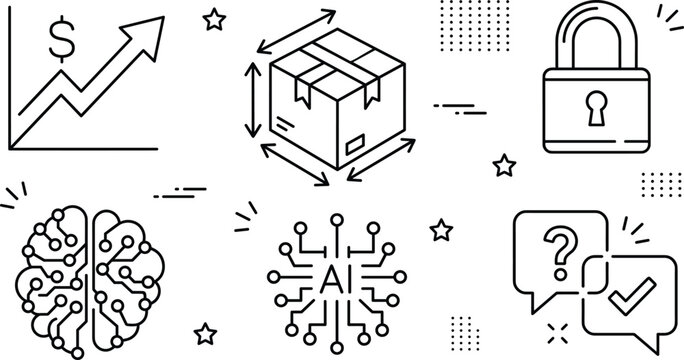 Technology and business icon set with artificial intelligence brain logistic package security padlock profit chart and communication bubbles