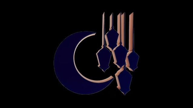 3d rendering of a crescent moon and hanging lanterns, representing islamic culture, ramadan kareem, and eid mubarak celebrations