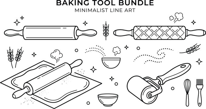 Baking tool bundle vector doodle icon set with rolling pin dough whisk bowl and pastry brush outline elements