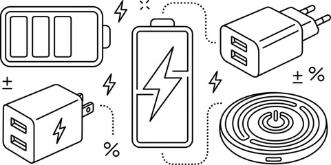 Battery charging technology vector doodle icon set with power adapter wall plug and wireless charger pad outline elements © Hafizul