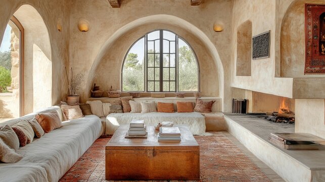 Mediterranean living room, limewashed walls, arched openings, warm terracotta accents generative ai
