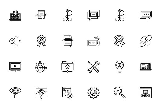 SEO and web optimization icon set. Minimalist line icons pack. Featuring laptop, chat, anchor, share, badge, contract, tag, click, link, video player and more. Editable vector stroke.