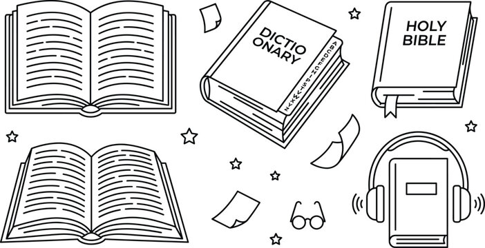 Book and education icon set with open textbooks dictionary holy bible audiobook headphones glasses and linear outline elements