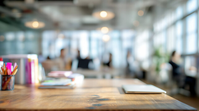 Empty office desk for product display or mock up, blurred office background