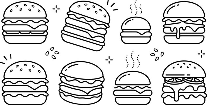 Burger icon vector set with delicious hamburger cheeseburger fast food and street snack design elements in outline style