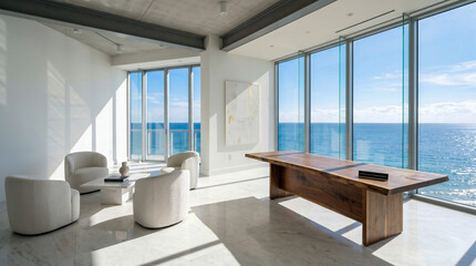 Obraz premium Empty Luxury Minimalist Wealth Management Office Overlooking Ocean 