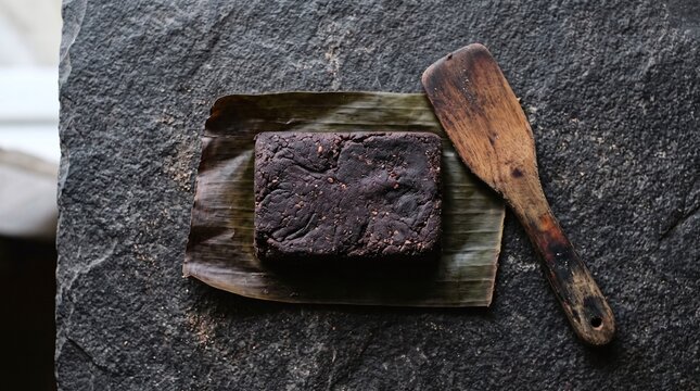 Indonesian Terasi Shrimp Paste Block on Banana Leaf with Wooden Spatula, Dark Slate