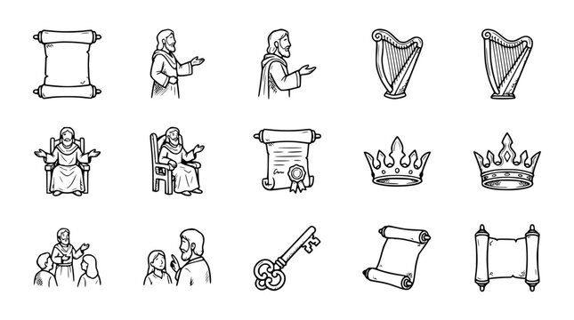 Jesus Christ Icons: Scrolls, Harp, Crown, Key, Teaching, Seated King, Worship - Hand Drawn Sketch