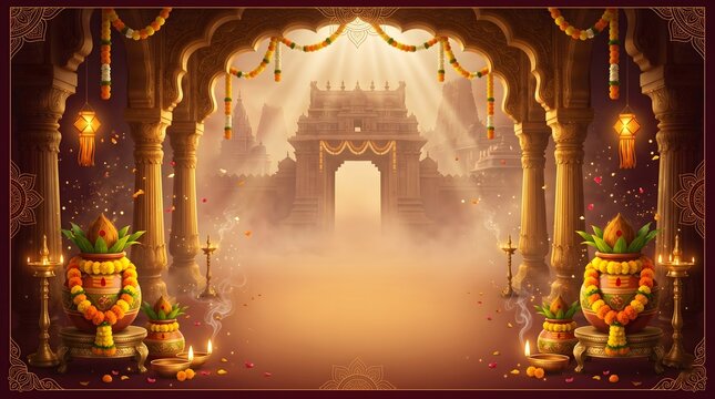 Traditional hindu temple festive background with kalash and diya lamps for religious celebrations