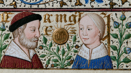 Fototapeta premium Medieval Couple Exchanging Gold Coin Across an Ornate Floral Manuscript Border