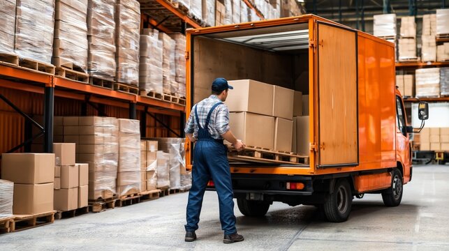 Warehouse worker loading packaged goods onto delivery truck, managing logistics and e-commerce supply chain operations, ensuring efficient shipping and cargo distribution