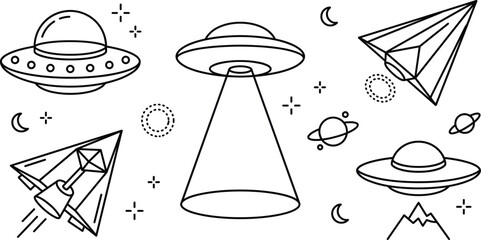 UFO spaceship alien spacecraft vector doodle icon set with outer space planet stars beam of light outline style © MD
