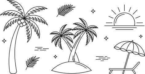 Tropical beach island vector doodle icon set with palm trees sunset sunbed parasol and coconut outline elements © MD