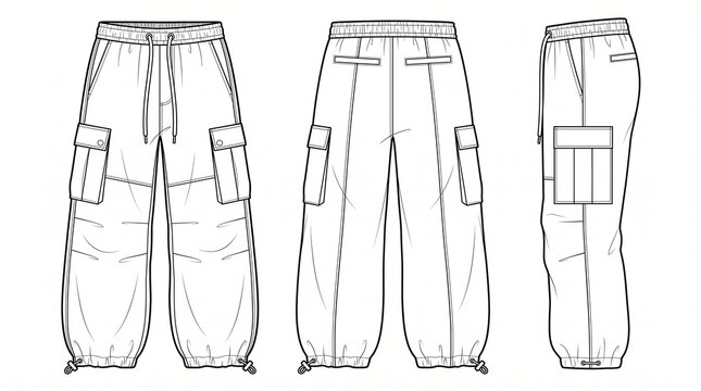 Cargo Pants Technical Flat Sketch Fashion CAD Vector Template Front Back Side View