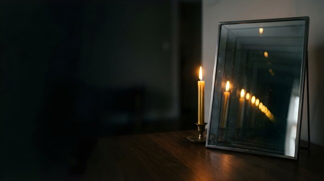 Burning candle in infinity mirror reflection on wooden table in dark room