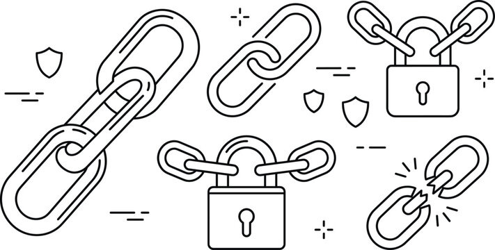 Chain link icon set with padlock security elements broken chains shields safety connections and linear graphic outline designs