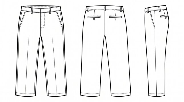 Men's Trousers Technical Flat Sketch, Front Back and Side View, Chino Pants Design Template, Vector Illustration
