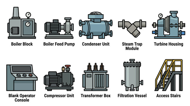 Industrial Equipment Vector Icon Set featuring Boiler Block, Feed Pump, Condenser Unit, Turbine Housing, Compressor, and Transformer for Engineering and Manufacturing Diagrams