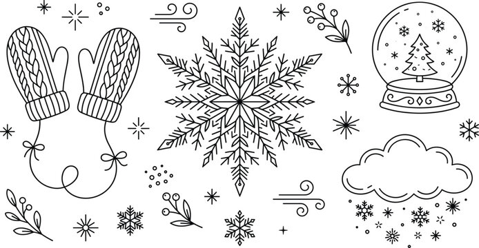 Winter snowflake doodle vector icon set with knitted mittens snow globe cloud wind and christmas holiday outline elements