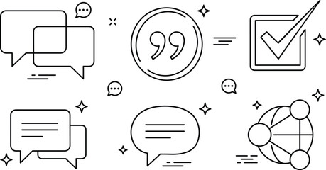 Chat bubble icon set with speech balloons quotation marks checkmark feedback network sharing and message communication outline elements © Hafizul