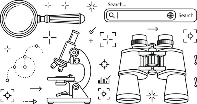 Search and discovery vector doodle icon set with microscope binoculars magnifying glass and web browser bar outline elements