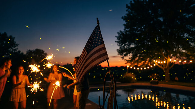 American flag with sparklers in foreground, people celebrating with glowing lights, standing by a backyard pool at night, lifestyle photography