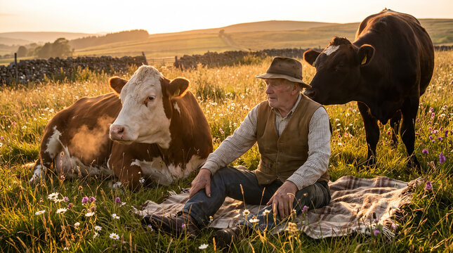 Senior farmer in vest and hat, sitting on a blanket next to two dairy cows, relaxing at golden hour sunset, rural pasture field, countryside lifestyle photography