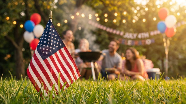 Small American flag on a green lawn, with a blurred family barbecue party, festive lighting and balloons background, backyard setting, Independence Day celebration photography