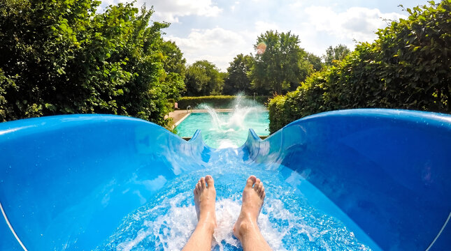 First person perspective of bare feet on a blue water slide, moving fast towards an outdoor swimming pool, point of view shot, sunny water park resort, summer vacation category