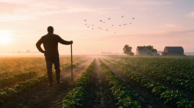 Silhouette of a farmer holding a shovel, standing in a misty field with neat crop rows, watching the sunrise, rural farmland view, agriculture landscape photography
