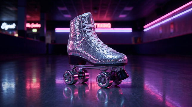 Silver sequined roller skate, reflecting neon pink and purple lights, standing on a polished rink floor, indoor roller rink setting, retro recreation photography
