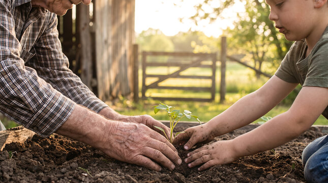 Senior man and young boy hands together, planting a small green sprout in dark soil, close-up view, backyard wooden planter bed, generational gardening photography