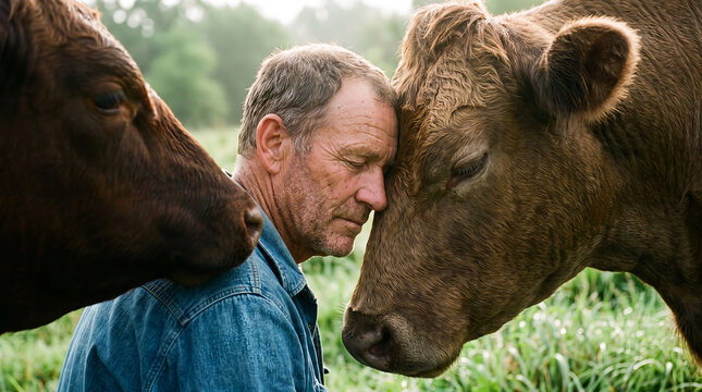 Mature male farmer in denim shirt, with head touching a brown dairy cow, standing with closed eyes, in a green pasture field, livestock farming photography